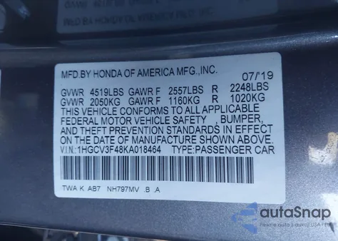 2019 Honda Accord Hybrid Ex z USA, uszkodzony, nr VIN 1HGCV3F48KA018464